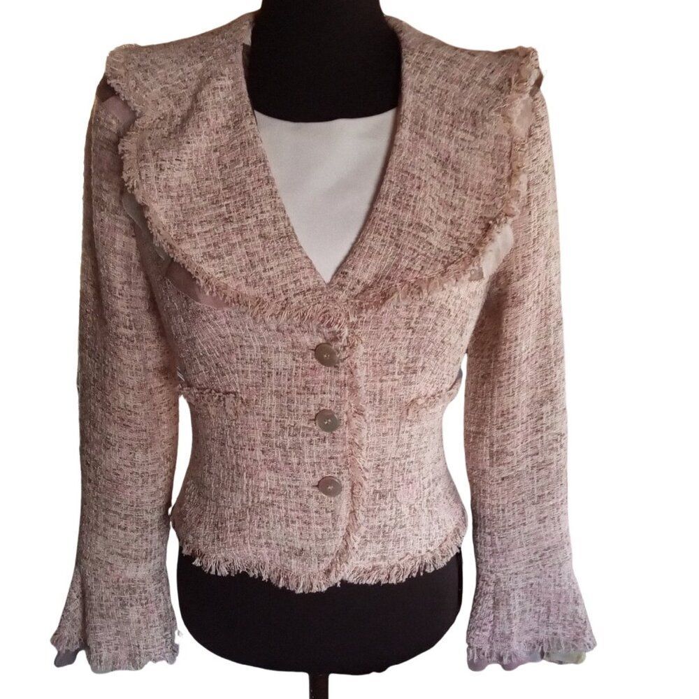 Worth Pink Tweed Fringed Collar Blazer